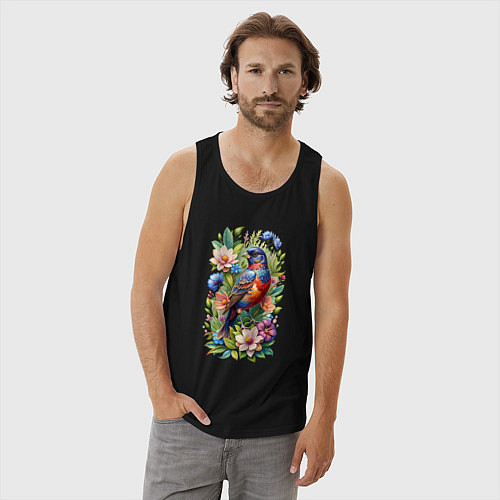 Мужская майка Расписной овсянковый кардинал среди цветов / Черный – фото 3