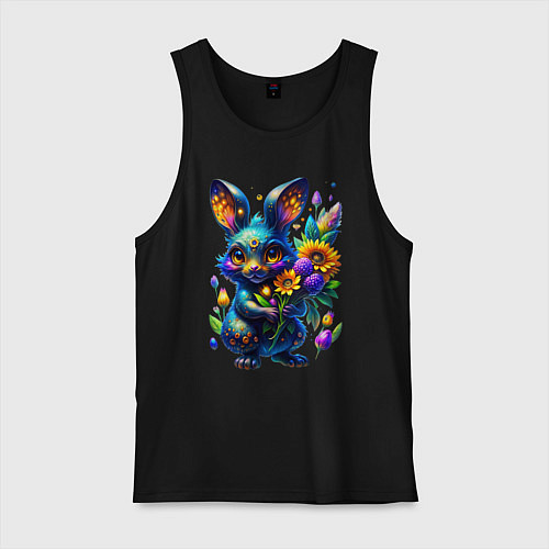 Мужская майка Милый синий зайка с неоновым цветком / Черный – фото 1