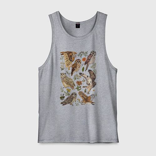 Мужская майка Разные совы и цветы / Меланж – фото 1