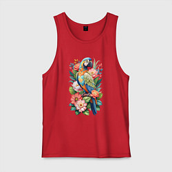 Майка мужская хлопок Голубой попугай Ара среди цветов, цвет: красный