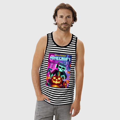 Мужская майка Skeleton and pumpkin - neon glow / Черная тельняшка – фото 3