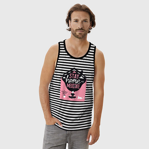 Мужская майка Оставайся дома и медитируй - йога / Черная тельняшка – фото 3