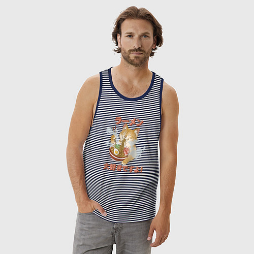 Мужская майка Милый котик ест рамен / Синяя тельняшка – фото 3