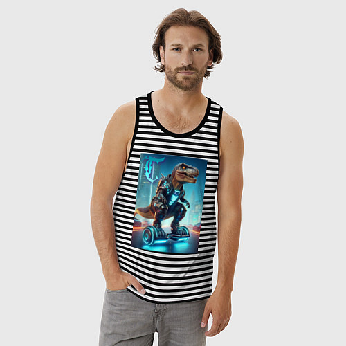 Мужская майка Cyber tyrannosaur on a hoverboard - neon glow fant / Черная тельняшка – фото 3