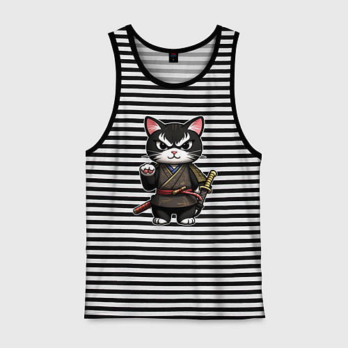 Мужская майка Крутой кот самурай / Черная тельняшка – фото 1