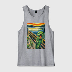 Майка мужская хлопок Кузнечик кричит на картине Эдварда Мунка - мем иск, цвет: меланж