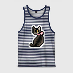 Майка мужская хлопок Милая пиксельная кошка с розовым ошейником, цвет: синяя тельняшка