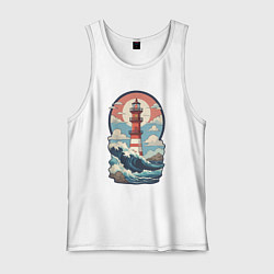 Майка мужская хлопок Маяк в море и волны, цвет: белый