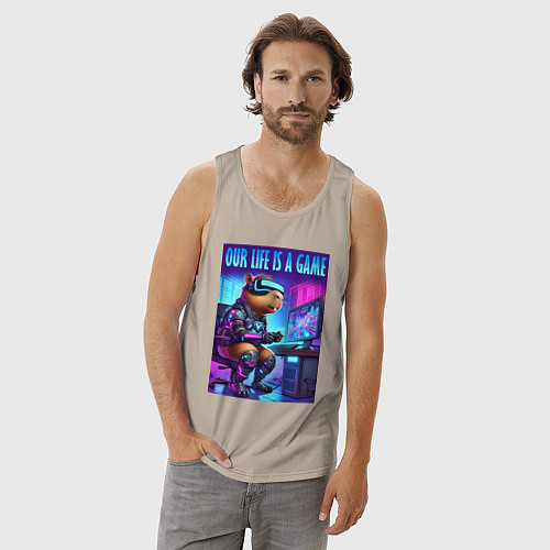 Мужская майка Капибара заядлый геймер - неоновое свечение / Миндальный – фото 3