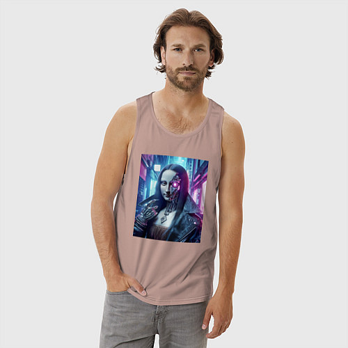 Мужская майка Мона Лиза в кожаной косухе - киберпанк / Пыльно-розовый – фото 3