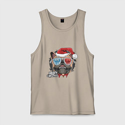 Майка мужская хлопок Новогодний мопс, цвет: миндальный