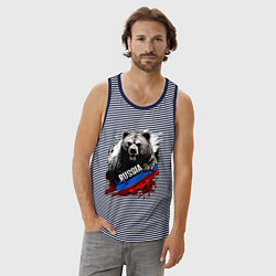 Майка мужская хлопок Русский медведь на фоне флага России, цвет: синяя тельняшка — фото 2