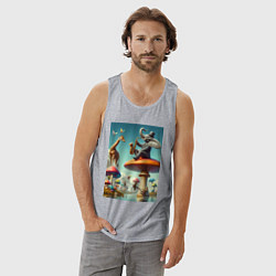 Майка мужская хлопок Слон играет на саксофоне жирафу, цвет: меланж — фото 2