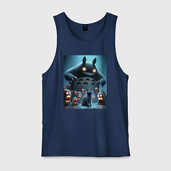 Майка мужская хлопок Тоторо среди привидений и чёрного кота, цвет: тёмно-синий