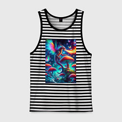 Майка мужская хлопок Сказочный дракон на планете неоновых грибов, цвет: черная тельняшка