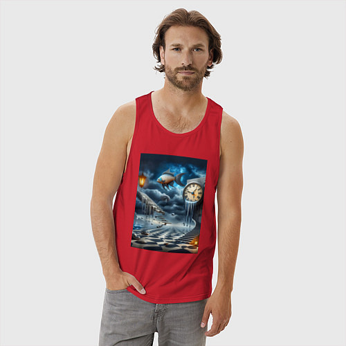 Мужская майка Психоделический пейзаж с часами и рыбой / Красный – фото 3