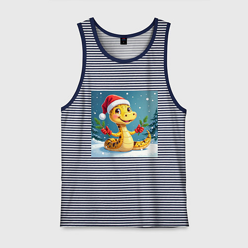 Мужская майка Символ 2025 нового года змея в шаке Санты / Синяя тельняшка – фото 1