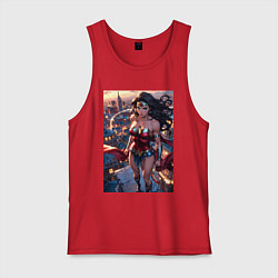 Майка мужская хлопок Чудо-женщина на крыше с городским фоном в стиле ко, цвет: красный