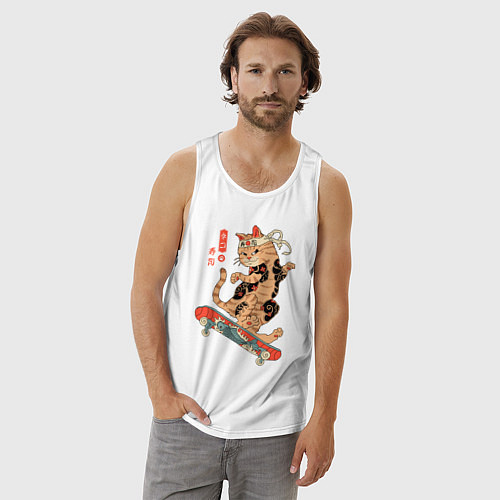 Мужская майка Кот самурай - скейтбордист / Белый – фото 3
