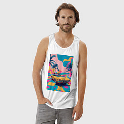 Майка мужская хлопок Кабриолет едет по тропическому острову, цвет: белый — фото 2