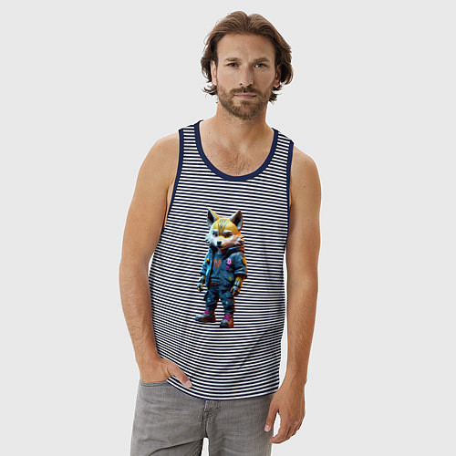 Мужская майка Уличный лисёнок - нейроарт / Синяя тельняшка – фото 3