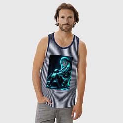 Майка мужская хлопок Девушка киборг в стиле Cyberpunk, цвет: синяя тельняшка — фото 2