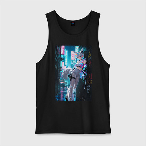 Мужская майка Лиса наемник в стиле Cyberpunk / Черный – фото 1