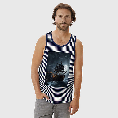 Мужская майка Пиратский корабль в шторм / Синяя тельняшка – фото 3