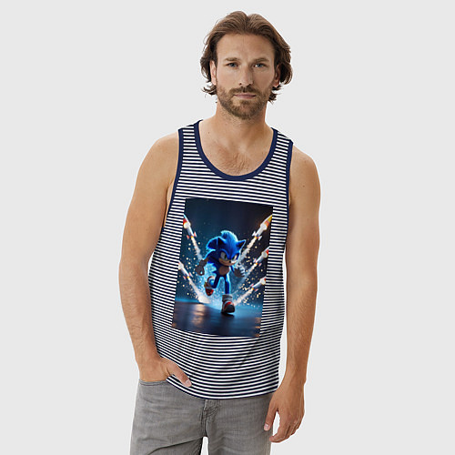 Мужская майка Соник убегает от ракет / Синяя тельняшка – фото 3