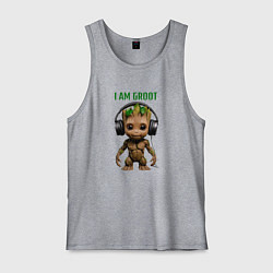 Майка мужская хлопок Малыш Грут в наушниках, цвет: меланж