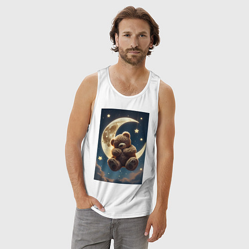 Мужская майка Плюшевый мишка сидит на Луне / Белый – фото 3