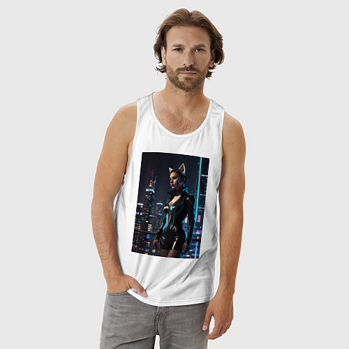 Мужская майка Девушка с кошачьими ушами стоит на фоне небоскребо / Белый – фото 3
