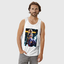 Майка мужская хлопок Девушка с оружием в киберпанк стиле, цвет: белый — фото 2