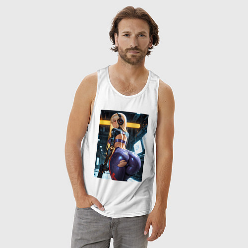 Мужская майка Девушка с оружием в киберпанк стиле / Белый – фото 3