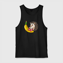 Майка мужская хлопок Ежик в носочках сидит на банане, цвет: черный