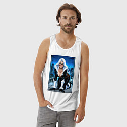 Майка мужская хлопок Черная кошка на крыше здания, цвет: белый — фото 2