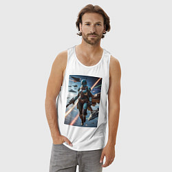 Майка мужская хлопок Девушка-мандалорец в космосе, цвет: белый — фото 2