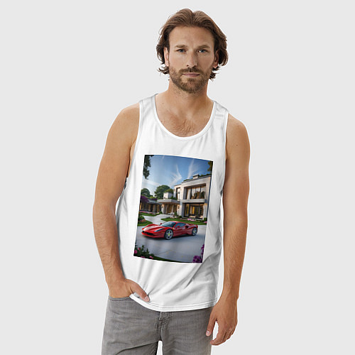 Мужская майка Красный суперкар у дома / Белый – фото 3