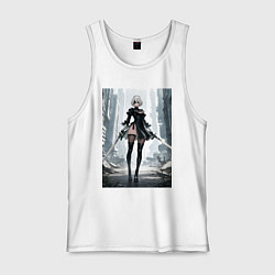 Майка мужская хлопок Девушка-андроид с катанами посреди руин, цвет: белый