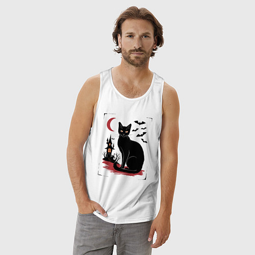 Мужская майка Кот и летучие мыши, Хэллоуин / Белый – фото 3