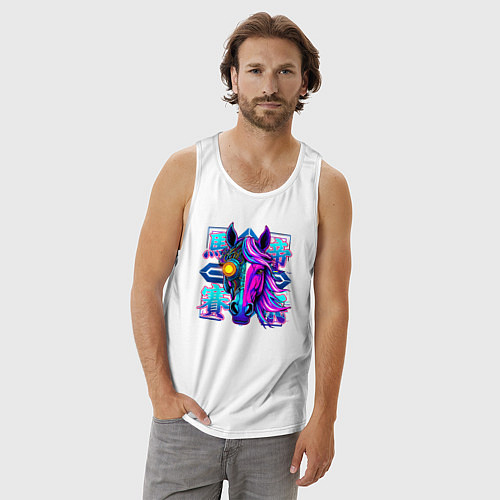 Мужская майка Киберпанк лошадь с неоновыми иероглифами / Белый – фото 3