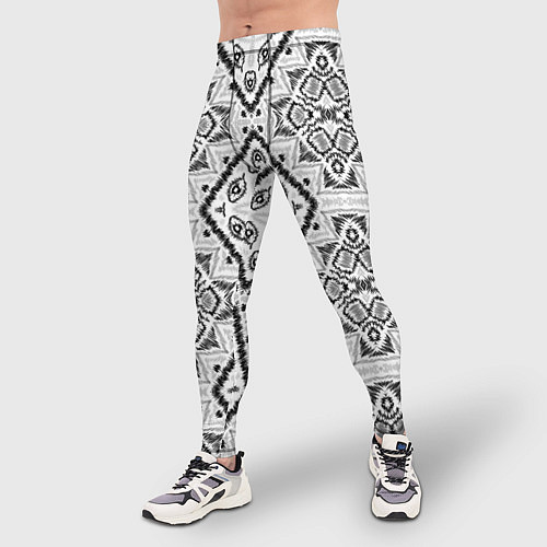 Мужские тайтсы Бело-серый этнический орнамент / 3D-принт – фото 3