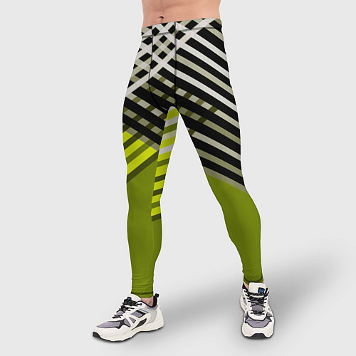 Мужские тайтсы Косые черно-белые полосы на оливковом фоне / 3D-принт – фото 3