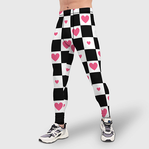 Мужские тайтсы Розовые сердечки на фоне шахматной черно-белой дос / 3D-принт – фото 3