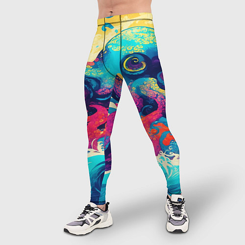 Мужские тайтсы Разноцветный осьминог на волнах красок / 3D-принт – фото 3
