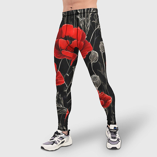 Мужские тайтсы Красные маки на темном фоне / 3D-принт – фото 3