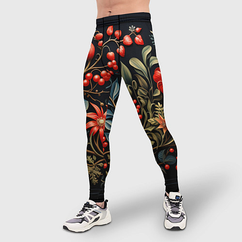 Мужские тайтсы Новогодние ягоды и цветы / 3D-принт – фото 3