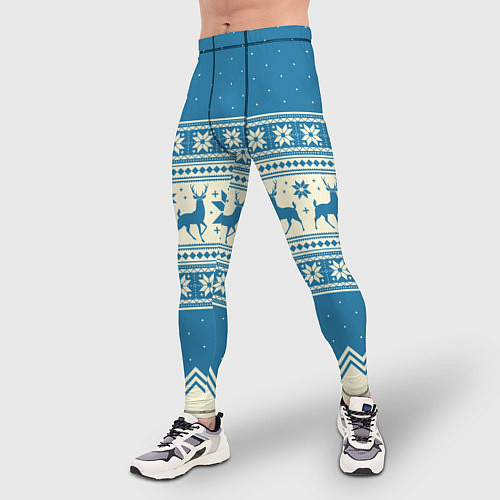 Мужские тайтсы Sweater with deer on a blue background / 3D-принт – фото 3