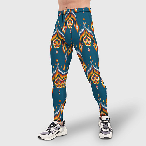 Мужские тайтсы Узбекская имитация ткани икат - синий орнамент / 3D-принт – фото 3
