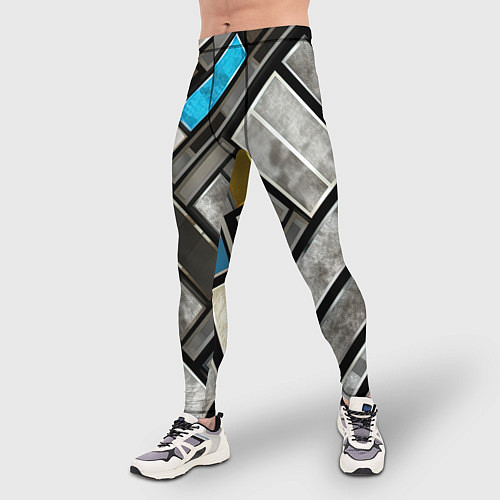 Мужские тайтсы Серые квадраты с голубой вставкой / 3D-принт – фото 3